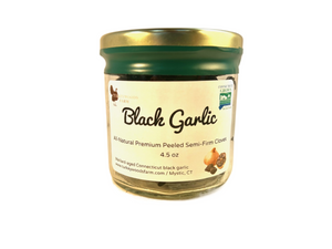 Premium Black Garlic, 4.5 oz Peeled Semi-Firm Cloves, Connecticut Grown, Connecticut Made.