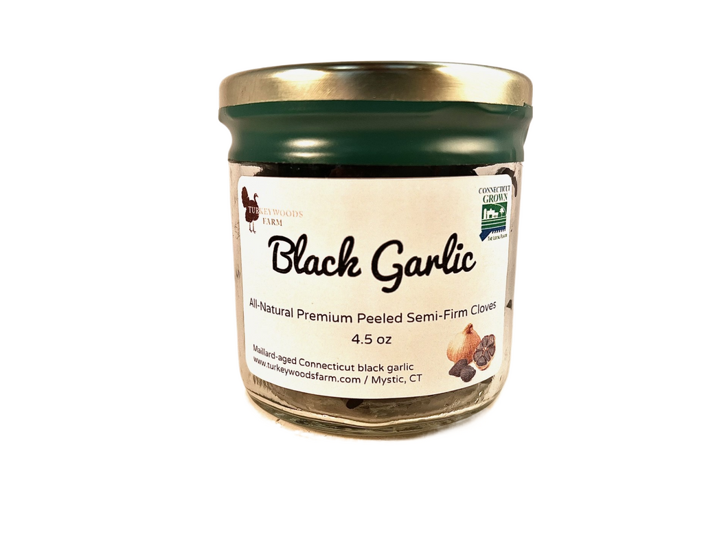 Premium Black Garlic, 4.5 oz Peeled Semi-Firm Cloves, Connecticut Grown, Connecticut Made.
